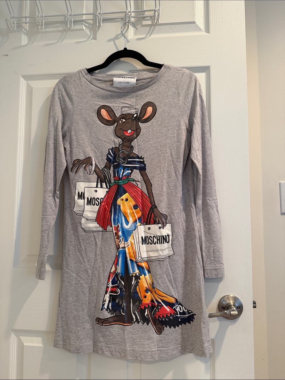 Moschino Gray Graphic Mouse Shopper Dress with Multicolor Skirt